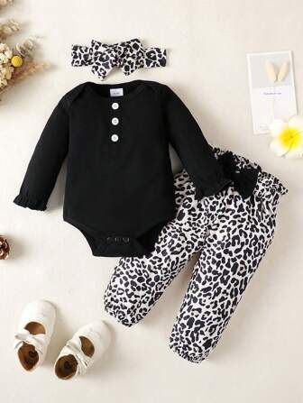 Bebé niña 3 piezas Body con estampado de letras, pantalones florales y diadema