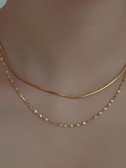 Nooxian 2pcs/Set Double Layer Gold Stainless Steel Chain Necklaces For Women, Snake Shape Collarbone Chain And Plain Chain
