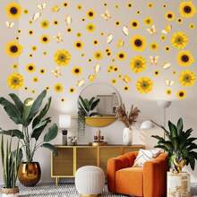 1pc Sunflower Wall Sticker Self-Adhesive Flower & Butterfly Decoration Pvc Vintage Removable Diy Wall Decal For Bedroom, Kitchen, Classroom And Living Room, Stickers, Wall Decal, Vinly Decal For Home Decorations, Spring Decoration Items Refresh Your Home, Rama Decoration Stickers Gifts Birthday Graduation