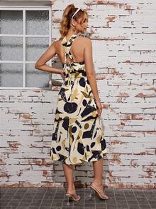 Vestido Elegante Con Estampado Geométrico Y Atadura,Vestido Larga Con Cuello Cruzado Y Hombros Abiertos - Café - Ver 2