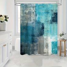 Cortina De Ducha Azul Turquesa Para Decoración De Baño Moderno Abstracto, Cortina De Ducha De Tela Verde Turquesa, Estilo Grunge Vintage De País Y Diseño De Graffiti De Pincel, 71 X 71 - Turquesa - Ver 3