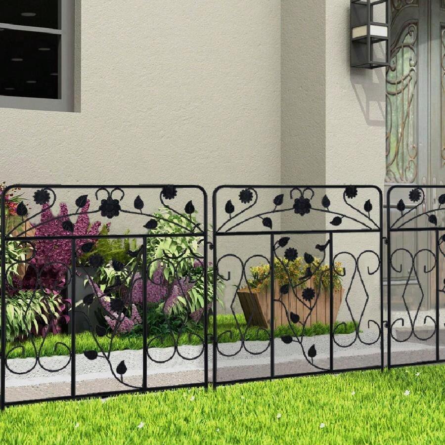 Valla y bordes de jardín para perros, 5 paneles de valla de barrera de animales, paisaje, borde de borde de borde sin excavación para cama de flores - Negro - Ver 1