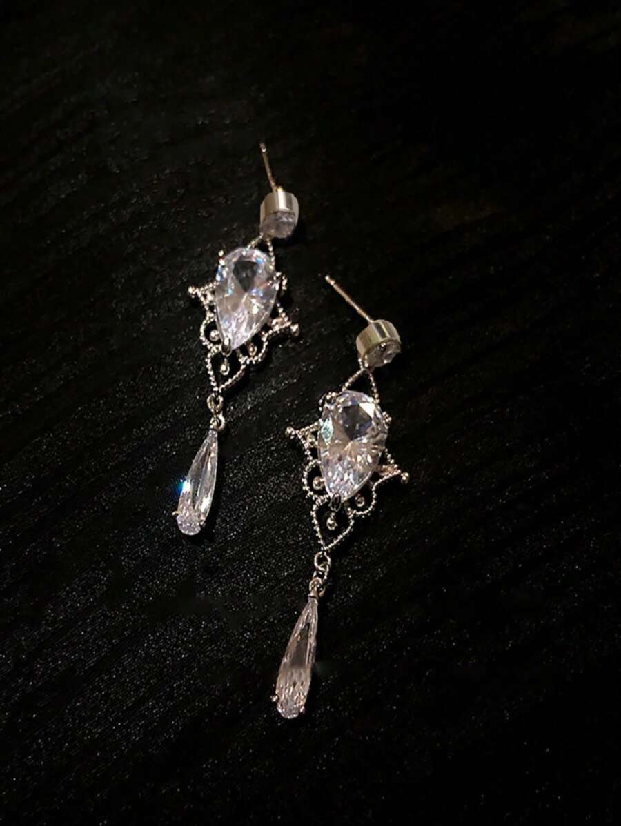 1 對女式優雅水滴耳環，超閃亮全水鑽耳墜，別緻合金耳滴適合派對、宴會、約會、節日、禮物 - 銀色 - 查看 1