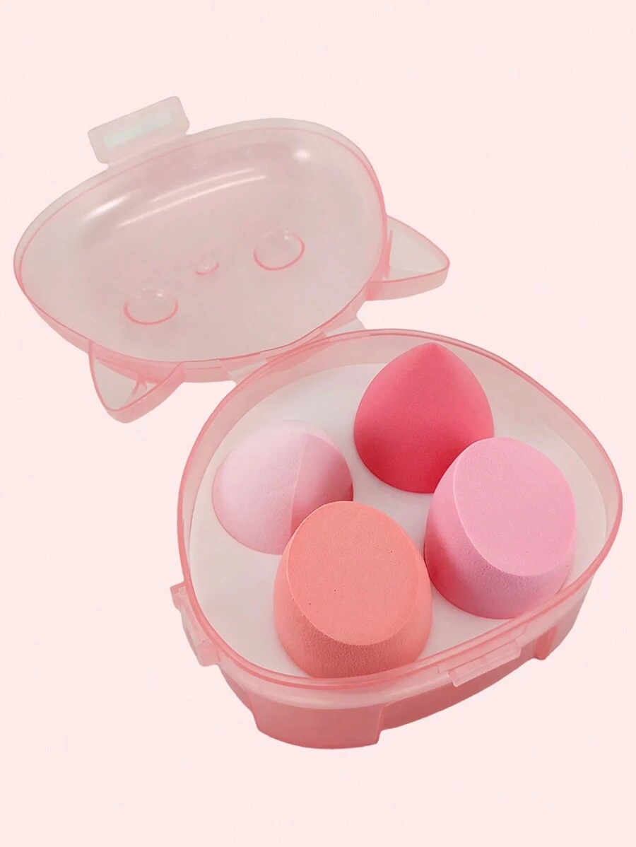 Set Of 4 Makeup Sponges, Includes Cat-Shaped Case, 4 Colors Available. - Pink - View 1