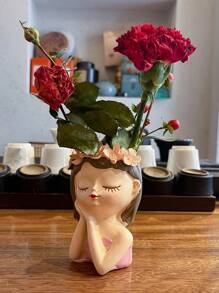 1pc Little Girl Decorative Desktop Flower Vase, Creative Home Decoration - Hot Pink - View 4