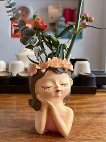 1pc Little Girl Decorative Desktop Flower Vase, Creative Home Decoration - Hot Pink - View 1