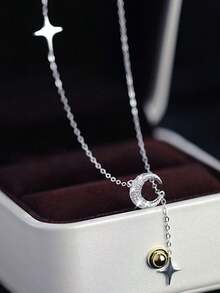 BALMORA 1條s925純銀優雅彎曲月星吊墜項鍊44cm,適合女士、女孩派對約會禮物日常佩戴 - 銀色 - 查看 2