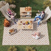 Outsunny Tapis extérieur Style Graphique - Tapis réversible 2 Motifs - dim. 2,74L x 1,82l m - PP Haute densité 310 g/m² Blanc Beige