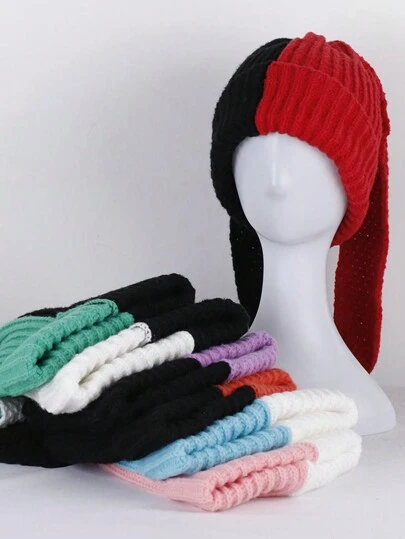 1 件女士针织拼色兔耳帽，时尚、可爱、实用，适合冬季秋季日常佩戴