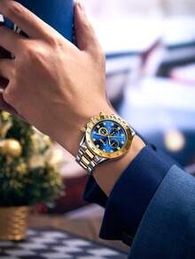 1 件奢華鑽石裝飾男士防水日曆石英手錶和時尚合金龍骨手鍊