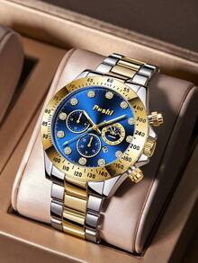 1 件奢華鑽石裝飾男士防水日曆石英手錶和時尚合金龍骨手鍊