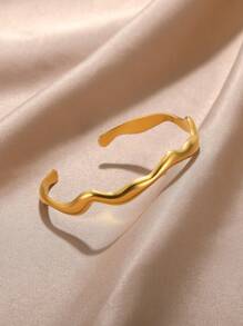 1 件时尚金色不锈钢波浪开口袖口手链，纹理几何宽手镯，适合女士，派对/节日珠宝礼物 - 金黃色 - 查看 13