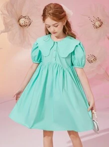 Tween Girl Summer Peter Pan Collar Solid Color Princess Dress