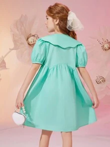 Tween Girl Summer Peter Pan Collar Solid Color Princess Dress