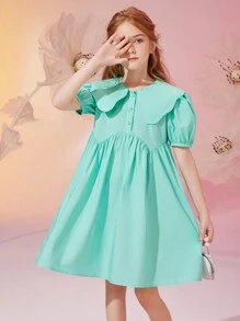 Tween Girl Summer Peter Pan Collar Solid Color Princess Dress