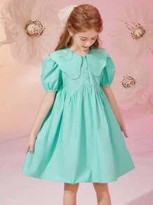 Tween Girl Summer Peter Pan Collar Solid Color Princess Dress