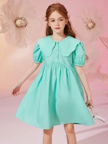 Tween Girl Summer Peter Pan Collar Solid Color Princess Dress