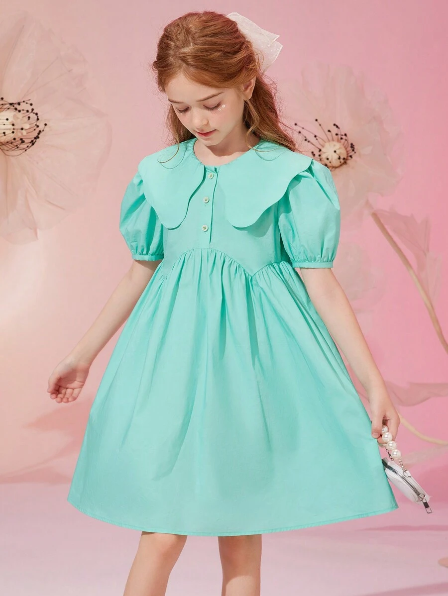 Tween Girl Summer Peter Pan Collar Solid Color Princess Dress