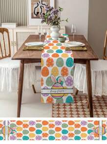1pc Easter Bunny Ears Egg Design Cartoon Linen-Like Table Runner, Holiday Decoration For Indoor/Outdoor Dining Table And Cabinet, Living Room, Home - Multicolor - View 5