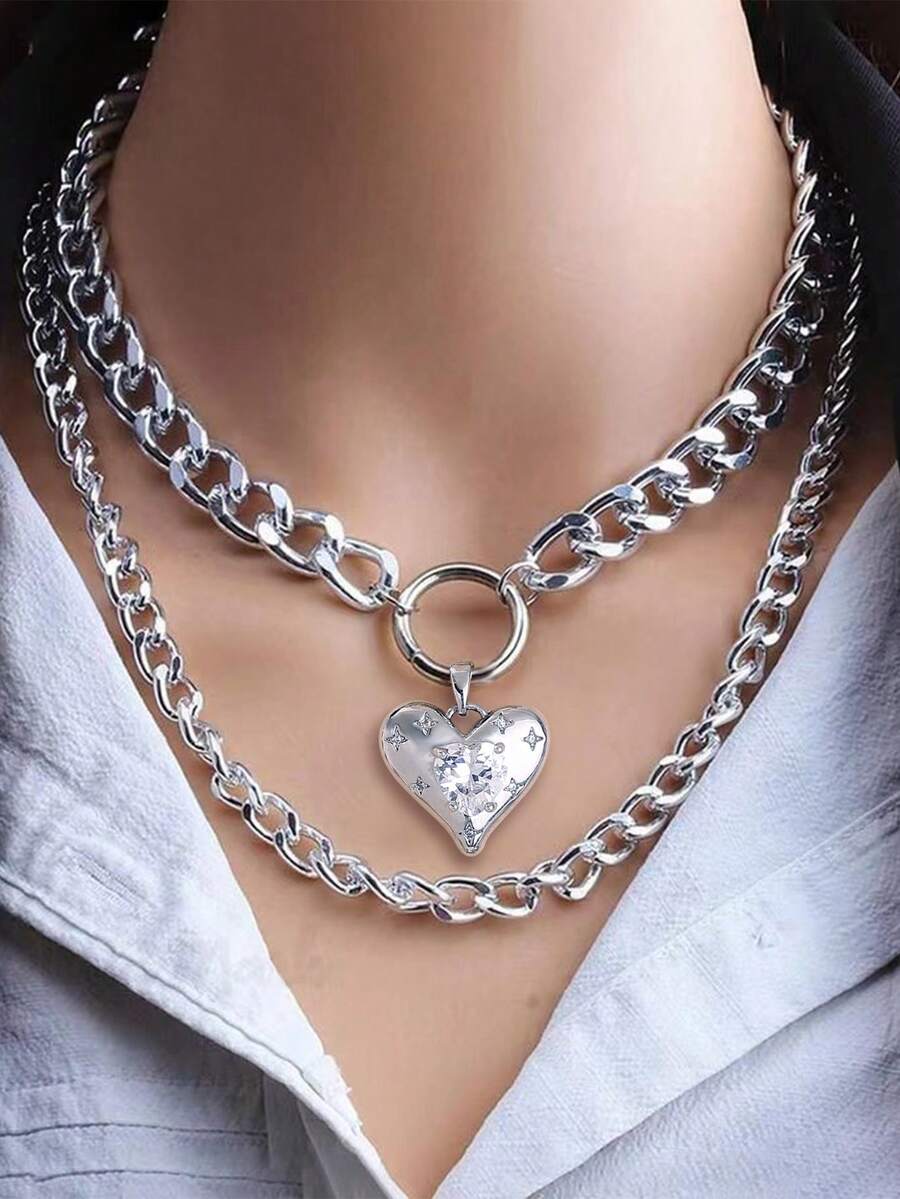 Nooxian 2 cái/bộ Creative Quá quắt Dày Chuỗi Với To lớn Hình trái tim , Vi mô Khối Zirconia  Cẩn vào , Nhiều lớp Vòng cổ mặt dây chuyền