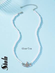 1pc Dazzling Full Rhinestones Decorated Planet Shaped Pendant & Faux Pearl Drop Necklace - White - View 3