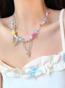 Collier ras-de-cou Dopamine Y2K pour femmes, collier ras-de-cou bonbon coloré, collier décoratif de perles en forme d'étoile et de lune mignon, bijoux faits main en résine et fleurs pour adolescentes