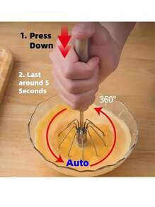 1pc 304 Stainless Steel Semi-Automatic Egg Beater, Cream Mixer, Household Semi-Automatic Rotary Egg Beater, Press And Rotate Mixer, Stainless Steel Automatic Rotary Cream Device Egg Beater, Easy Mixing Egg Beater In Kitchen - Silver - View 5