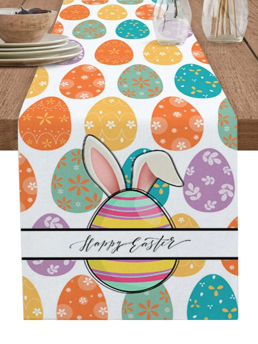 1pc Easter Bunny Ears Egg Design Cartoon Linen-Like Table Runner, Holiday Decoration For Indoor/Outdoor Dining Table And Cabinet, Living Room, Home - Multicolor - View 1