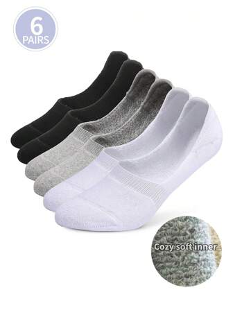 6pairs Women's White, Light Gray, Black Thick Cushion Absorbent Low Cut Hidden Footies, Soft Lining, Silicone Grip Ankle Socks, No Show Socks, Non-Slip, Breathable Liners, Casual, Sports, Running, Workout Socks