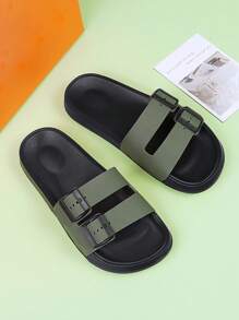 Men's Buckle Design Fashion Slippers, Eva Outsole Comfortable Slide Sandals - Dark Green - View 1