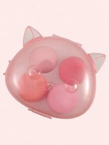 Set Of 4 Makeup Sponges, Includes Cat-Shaped Case, 4 Colors Available. - Pink - View 3