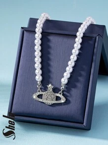 1pc Dazzling Full Rhinestones Decorated Planet Shaped Pendant & Faux Pearl Drop Necklace - White - View 2