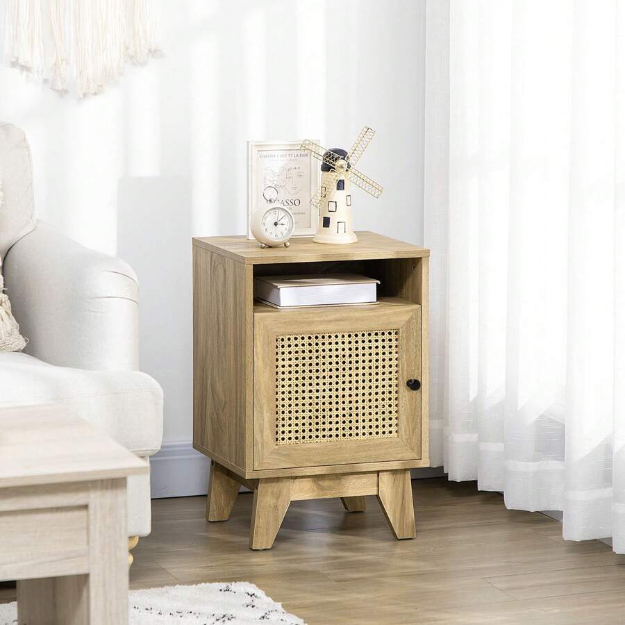 HOMCOM Bedside Table Nightstand With Storage Shelf And Door Cupboard, Side End Table With Rattan Element For Living Room, Bedroom, Natural - Natural Oak - View 1
