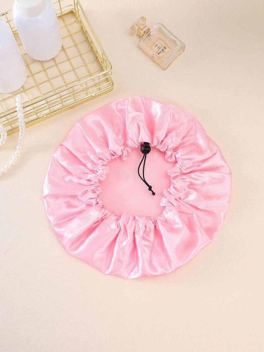 QINGMYU Mũ tắm chống thấm nước 2 lớp có dây rút, điều chỉnh được, màu đen/hồng trơn, dùng để trang điểm/tắm, trang trí phòng tắm, trang trí nhà cửa, trang trí mùa thu, trở lại trường học - Hồng - Xem 1