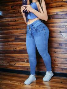 Pantalon jeans de mezclilla estilo skinny stretch sin bolsas traseras para dama mujer ajustado push up cintura alta corte colombiano - Lavado ligero - Ver 1