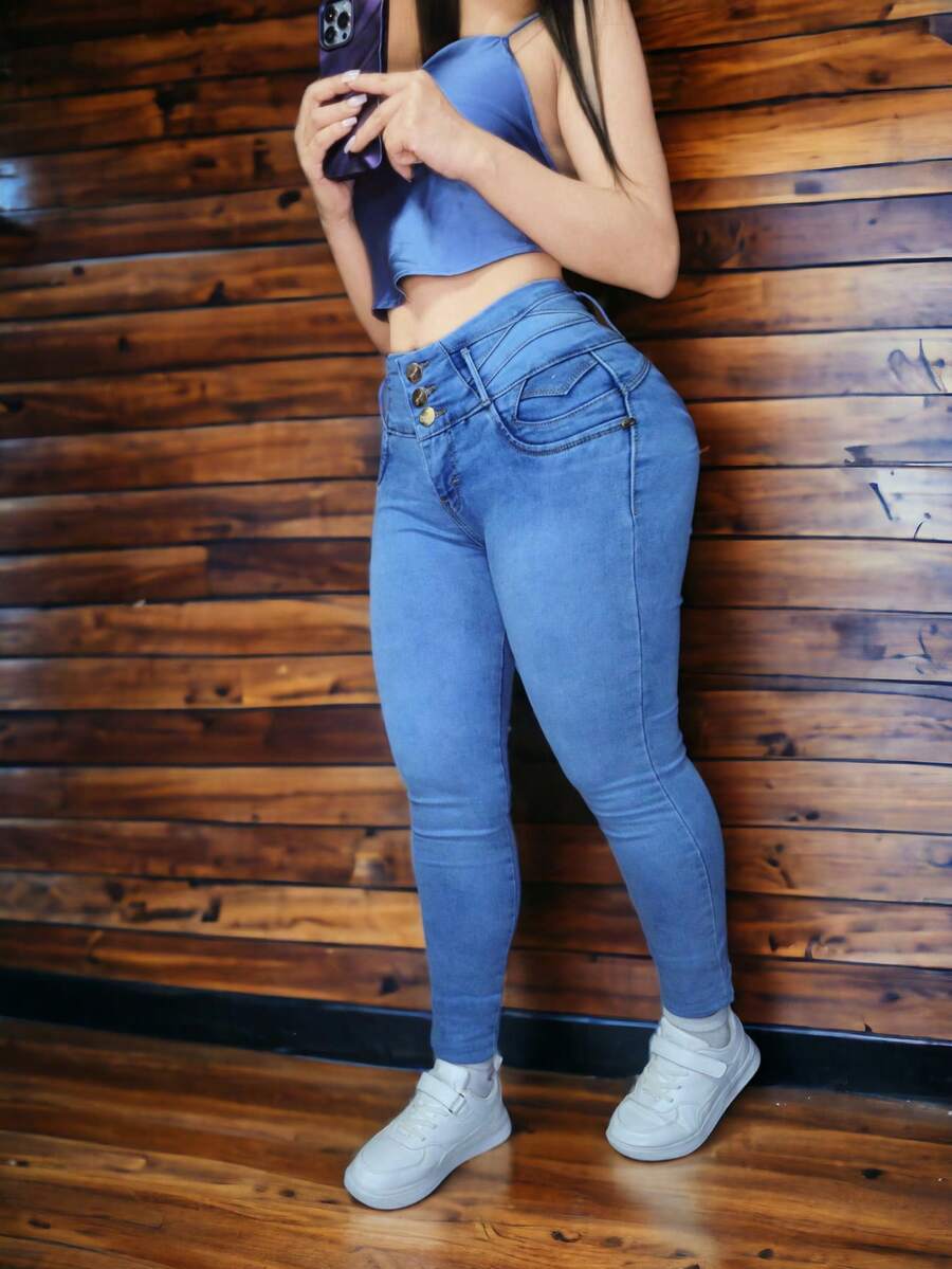 Pantalon jeans de mezclilla estilo skinny stretch sin bolsas traseras para dama mujer ajustado push up cintura alta corte colombiano - Lavado ligero - Ver 1