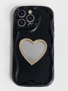 1入組金色心形鏡面，黑色乳霜和波浪邊緣材質手機殼，適用於Apple/Xiaomi/Redmi/Oppo/Vivo/Samsung/Infinix - 黑色 - 查看 1