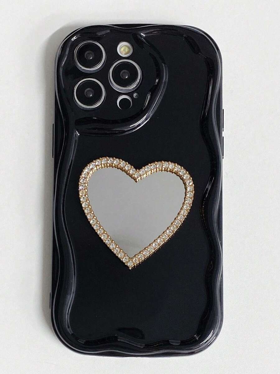 1入組金色心形鏡面，黑色乳霜和波浪邊緣材質手機殼，適用於Apple/Xiaomi/Redmi/Oppo/Vivo/Samsung/Infinix - 黑色 - 查看 1