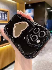 1入組金色心形鏡面，黑色乳霜和波浪邊緣材質手機殼，適用於Apple/Xiaomi/Redmi/Oppo/Vivo/Samsung/Infinix - 黑色 - 查看 5