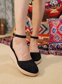女士高跟法式編織草織緞帶楔形涼鞋,編織草帽圖案,時尚圓頭,空心漁夫鞋,腳踝帶 - 黑色 - 查看 2