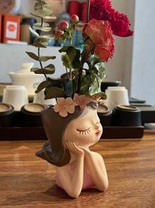 1pc Little Girl Decorative Desktop Flower Vase, Creative Home Decoration - Hot Pink - View 2