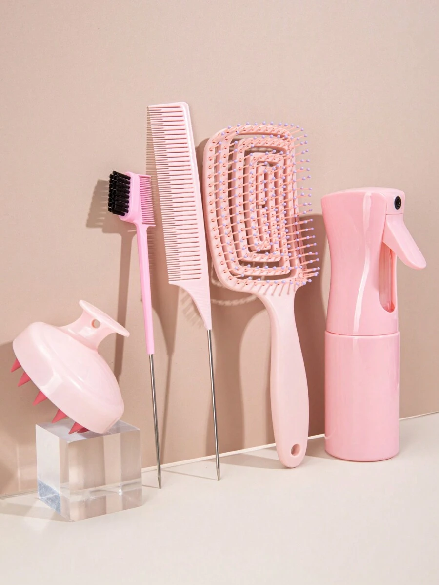 WANMEI 5pcs Hair Styling Brush Set, Including Edge Control Brush, Teasing Brush, Styling Tail Comb, Volumizing Ponytail Brush, Eyebrow Brush, Makeup Brush Set, Eyelash Comb, Eyelash Separator, Eyelash Extension Tool, Hair Brush, Comb, Back Brush, Hair Brush, Edge Brush, Hair Brush Set, Comb, Mini Hair Brush, Detangling Brush, Hair Brush, Hairstylist, Hairdressing Equipment, Hairstyle, Hairdressing, Hair Brush, Brush Set, Comb, Curling Brush, Detangling Brush, Ladies Hair Brush, Hairstylist Accessories, Hairdressing Salon, Hairdressing Equipment - Pink - View 1