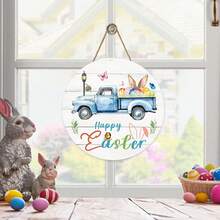 Happy Easter Sign, Holiday Easter Wreath Sign Easter Truck With Easter Eggs Wood Plaque Round Easter Welcome Sign For Home Yard Spring Easter Wall Decor - White - View 7