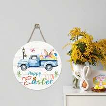 Happy Easter Sign, Holiday Easter Wreath Sign Easter Truck With Easter Eggs Wood Plaque Round Easter Welcome Sign For Home Yard Spring Easter Wall Decor - White - View 6