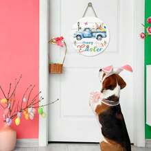 Happy Easter Sign, Holiday Easter Wreath Sign Easter Truck With Easter Eggs Wood Plaque Round Easter Welcome Sign For Home Yard Spring Easter Wall Decor - White - View 4