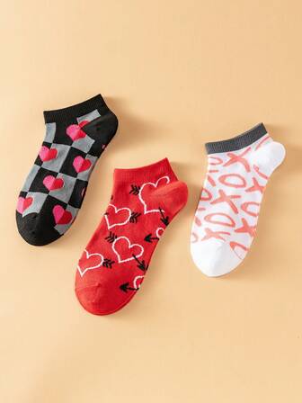 3 Pairs Cute Heart Print Ankle Socks Women Checkerboard Arrow XO Pattern Low Cut Casual Socks,Valentine's Day Gift