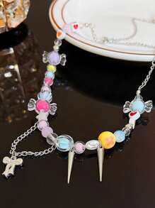 Collier ras-de-cou Dopamine Y2K pour femmes, collier ras-de-cou bonbon coloré, collier décoratif de perles en forme d'étoile et de lune mignon, bijoux faits main en résine et fleurs pour adolescentes