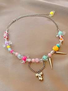 Collier ras-de-cou Dopamine Y2K pour femmes, collier ras-de-cou bonbon coloré, collier décoratif de perles en forme d'étoile et de lune mignon, bijoux faits main en résine et fleurs pour adolescentes