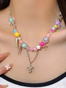 Collier ras-de-cou Dopamine Y2K pour femmes, collier ras-de-cou bonbon coloré, collier décoratif de perles en forme d'étoile et de lune mignon, bijoux faits main en résine et fleurs pour adolescentes