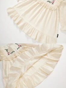 1 pièce Robe de princesse à manches longues et ourlet à volants brodés de fleurs pour jeune fille pour l'automne